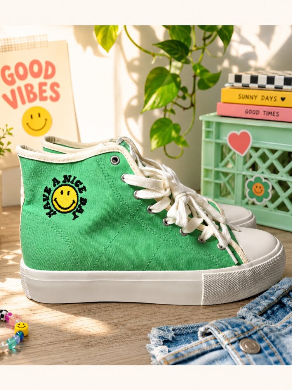 American Eagle Have A Nice Day Smiley Face Mint Green High Top Sneakers NWT
